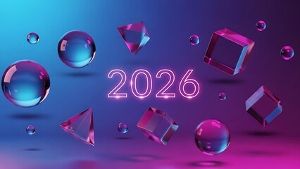 Neon glowing 2026 number surrounded by abstract geometric shapes