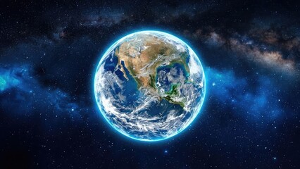 Obraz premium A view of earth from space with stars and nebulae in the background and a glowing blue aura around it