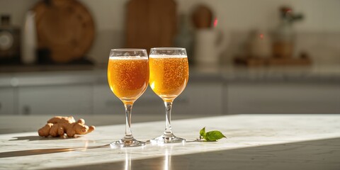 Two glasses of homemade Kombucha on a marble table in morning sunlight, focusing on fermentation process, Earth Day