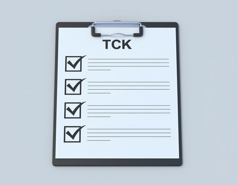 Clipboard with tck text and check marks on a white sheet against gray background