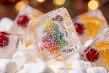 Frozen ice cube with colorful gummy Christmas tree and fruit slices on marshmallows