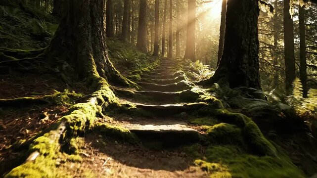 Sunlit forest path with ancient trees and lush ferns