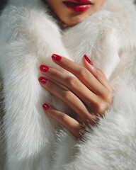 glamorous woman's hands with red nails in the middle of a white fur coat, beauty photography for a nail brand website