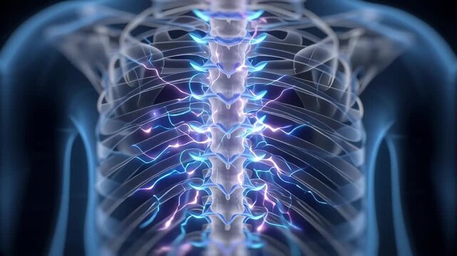 Futuristic digital illustration of human spine with neural connections
