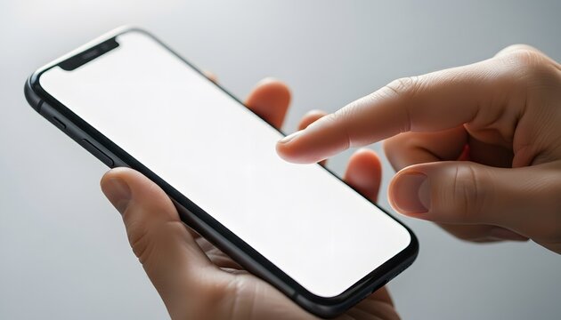 Woman hand holding smartphone with a blank white screen. Person scrolling touchscreen. Digital communication, mobile app marketing content.