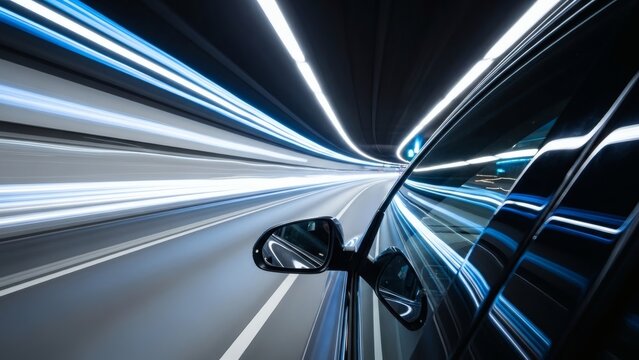 Tunnel Vision Speeding Car Rides Through a Futuristic Light Tunnel.