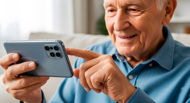 Elderly man using modern smartphone, learning new technology at home. Senior person embracing digital communication for connection.