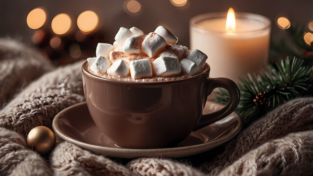 A warm and cozy Christmas still life featuring a cup of hot cocoa with marshmallows, soft candlelight