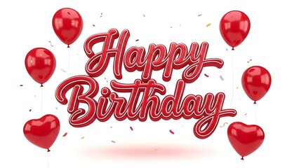 Happy birthday text with red balloon decoration isolated on white background
