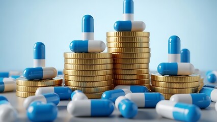 Blue and white medical capsule pills stacked on gold coin tower