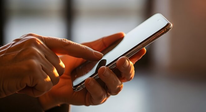 Woman hand holding smartphone evening. Person scrolling touchscreen. Digital communication, mobile app marketing content.