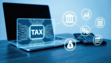 Laptop with glowing tax graphic overlay and financial icons on a blue surface background scene