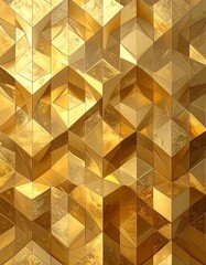 Close-up of intricate geometric design with golden hue, showcasing triangular and cuboidal shapes. The light creates shadow and depth