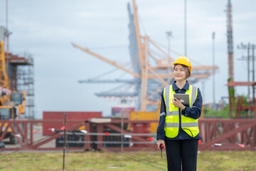 An Asian female engineer owns a company and manages a construction crane zone at an industrial port to improve the flow of materials transportation. She stands intently supervising the work.