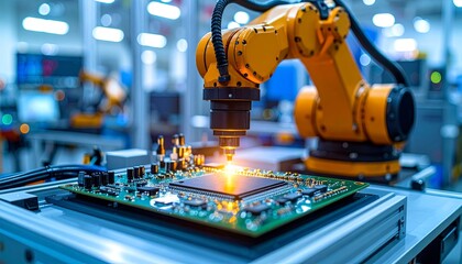 Robot arm soldering circuit board in factory.