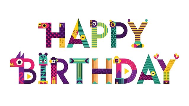 Colorful happy birthday text in playful tribal animal style isolated on white background