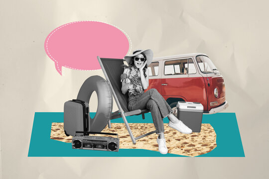 Trend composite sketch 3D photo collage of cloud bubble message young lady smile hold cocktail sit armchair auto boombox bag float ring
