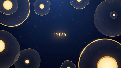 Abstract dark blue background with glowing golden circles and year 2026