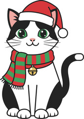 A cute cartoon tuxedo cat sitting and smiling, wearing a red Santa hat and a red and green striped scarf with a golden jingle bell attached.