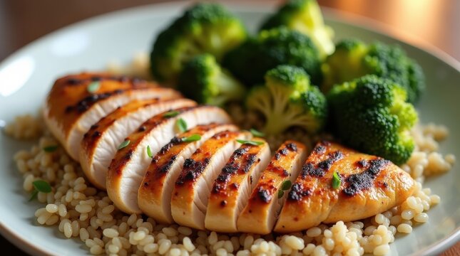 Pechuga de pollo a la parrilla rica en prote&iacute;nas con quinoa y br&oacute;coli al vapor