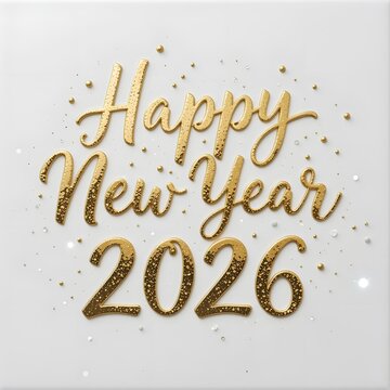 Golden &ldquo;Happy New Year 2026&rdquo; with sparkling stars on a clean white background, elegant festive holiday concept with minimal luxury style and celebratory mood.