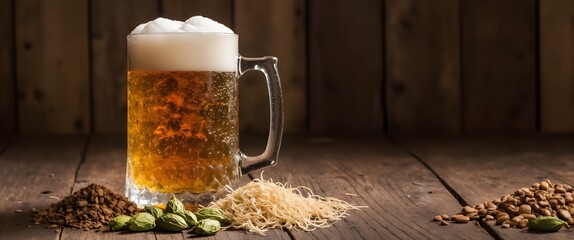A premium macro side-view photograph showcasing a frosty beer glass covered in crisp condensation droplets, presented alongside malt grains, fresh green hops, and active yeast. Set on a rustic country