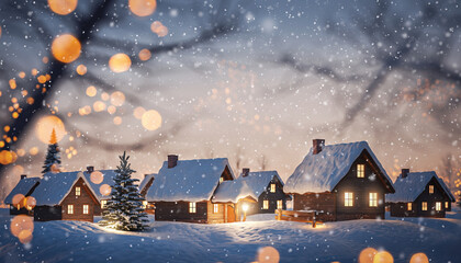 Fototapeta premium Small house covered with snow. Golden orange Christmas lights or bokeh lights glow in and around the background.
