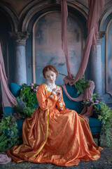 A red-haired girl in a medieval outfit at a ball in a castle interior