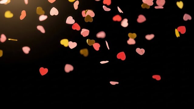 Colorful Heart Confetti Falling on a Black Background.