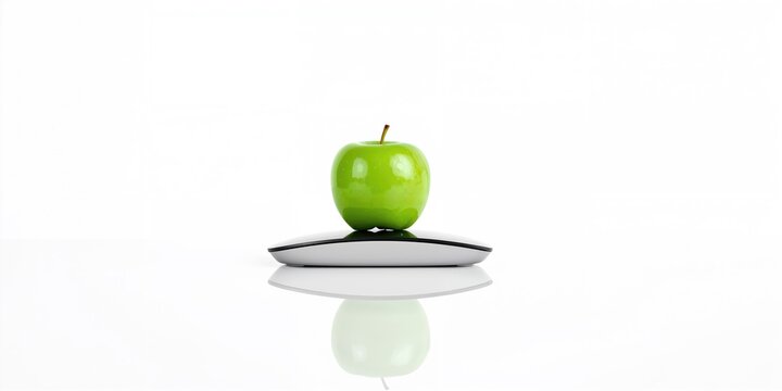 Green apple and computer mouse used as a symbol for digital health education, emphasizing nutritious choices and technology in e-learning