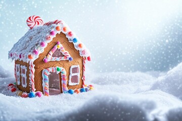 Swirling snow creates a magical atmosphere around a festive gingerbread house in a winter wonderland setting