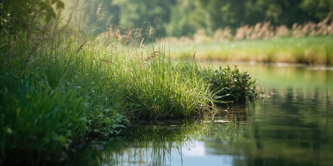 Obraz premium Native riparian meadow and slough ecosystem, focusing on seasonal plant diversity