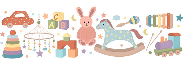 Seamless border with children’s toys isolated on white. Horizontal pattern with stacking pyramid, rocking horse, bunny, rattle, baby mobile, building blocks, toy train etc.