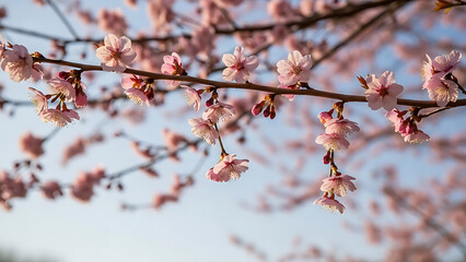 Delicate pink cherry blossom flowers blooming on a tree branch