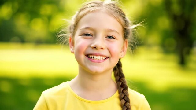 Smiling young girl with blonde braided hair enjoys a summer day.