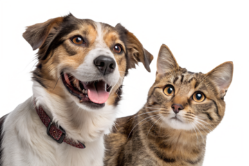 Friendly dog and cat captured in a joyful portrait, standing next to each other and looking straight into the camera. Isolated on a transparent background.