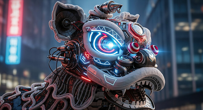 A highly detailed, futuristic robotic Chinese lion with glowing neon eyes in a cyberpunk city at night.
