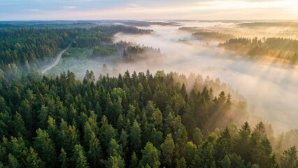 Obraz premium Aerial view of a dense forest with fog rolling through the trees at golden hour in the countryside