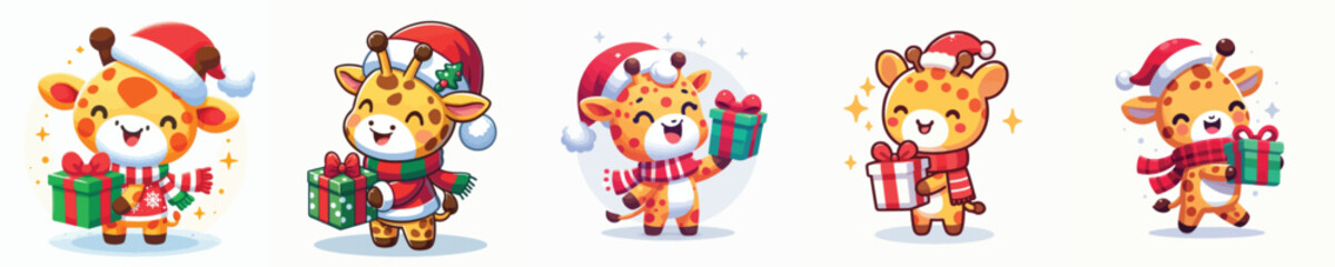 cute gireffe character vector in Christmas clothes carrying gifts