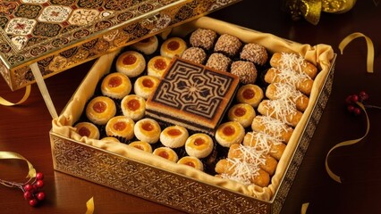 Assorted traditional indonesian cookies in a decorative gift box for special celebrations