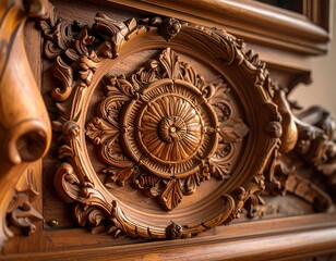 Close-up of intricately carved, floral wood embellishment, featuring a circular medallion and elaborate scrollwork