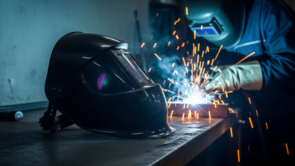 Welding helmet beside worker welding metal with sparks flying  
