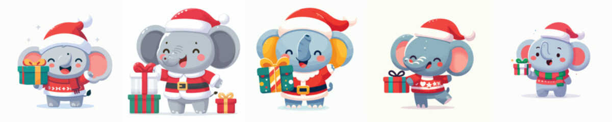 cute elephant character vector in Christmas clothes carrying gifts