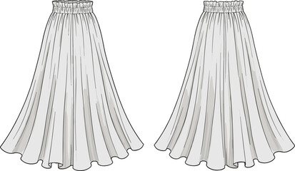 Elegant long flared skirt fashion illustration with gathered elastic waistband, flowing silhouette, detailed pleats, front and back technical vector design.