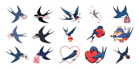 Collection of vintage swallow tattoo designs with hearts and flowers