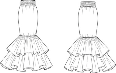 Elegant layered ruffle skirt fashion flat illustration showcasing flared silhouette, elastic waistband detailing, flowing hem design, and clean technical vector style.