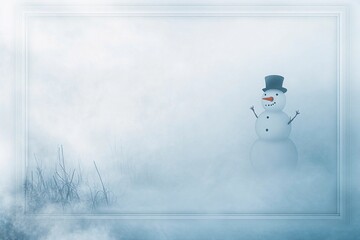 Snowman stands alone in a misty fog on a cold winter morning, surrounded by a quiet landscape