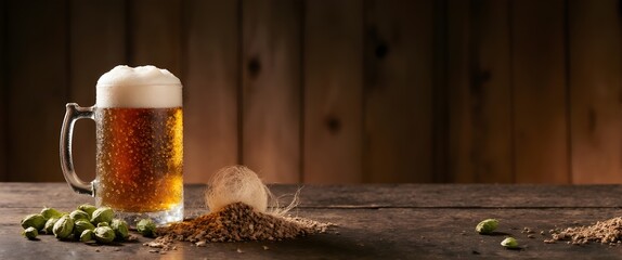 A premium macro side-view photograph showcasing a frosty beer glass covered in crisp condensation droplets, presented alongside malt grains, fresh green hops, and active yeast. Set on a rustic country
