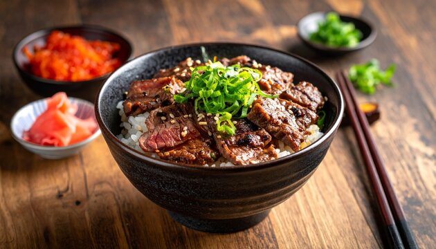 Japanese Beef Rice Bowl with Garnishes.