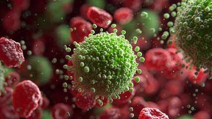 Close-up of virus particles with green and red colors in 3D rendering - Powered by Adobe